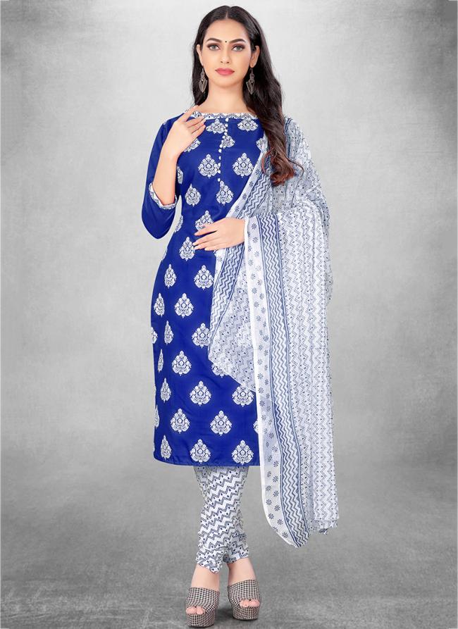 Slub Cotton Blue Daily Wear Printed Churidar Suit